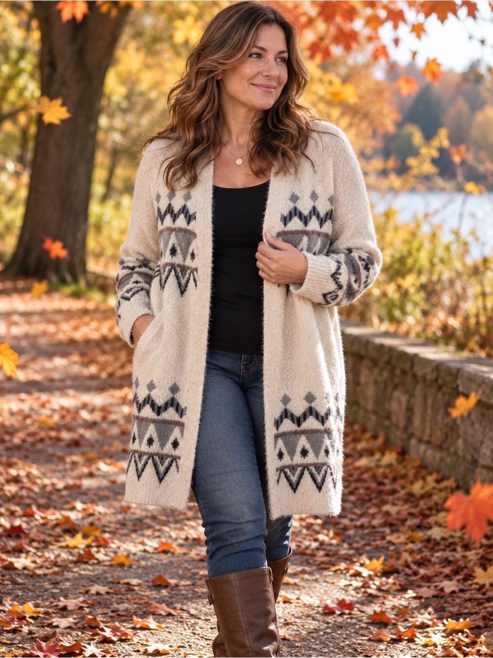 Belldini Cream Open-Front Geometric Pattern Cardigan